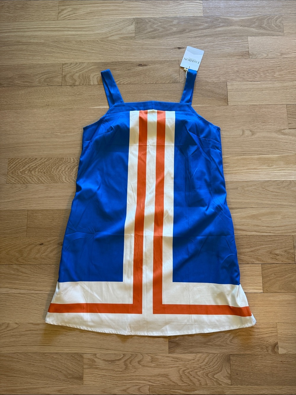 Blue Striped Shift Dress with Orange & White Accents